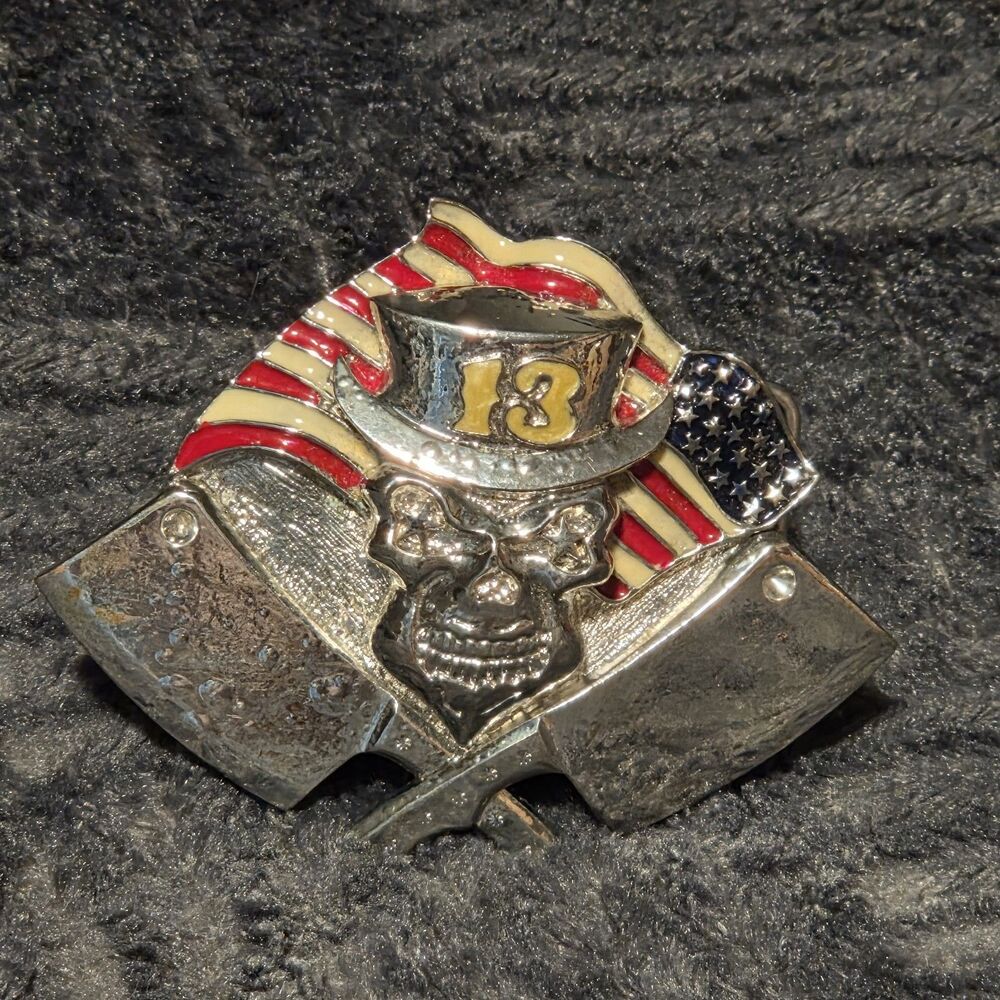 Decorative Belt Buckle Skull w/Top Hat #13 Cleavers and US Flag 3X4" Unbranded